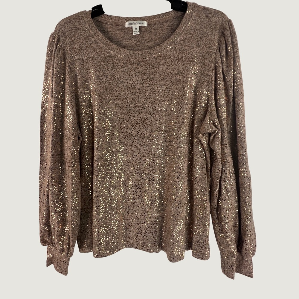 JohnPaulRichard Womens XL Mauve Gold Foil Polka Dot Puff Sleeve Knit Top Blouse